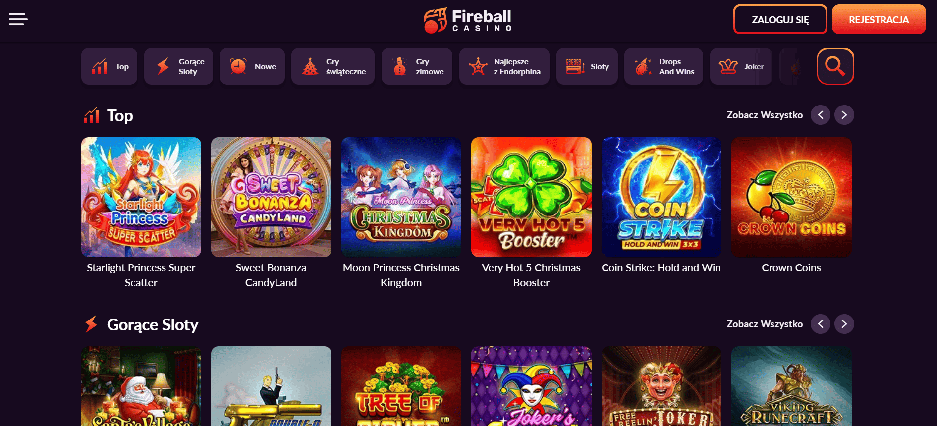 Wybór gier hazardowych w Fireball Casino